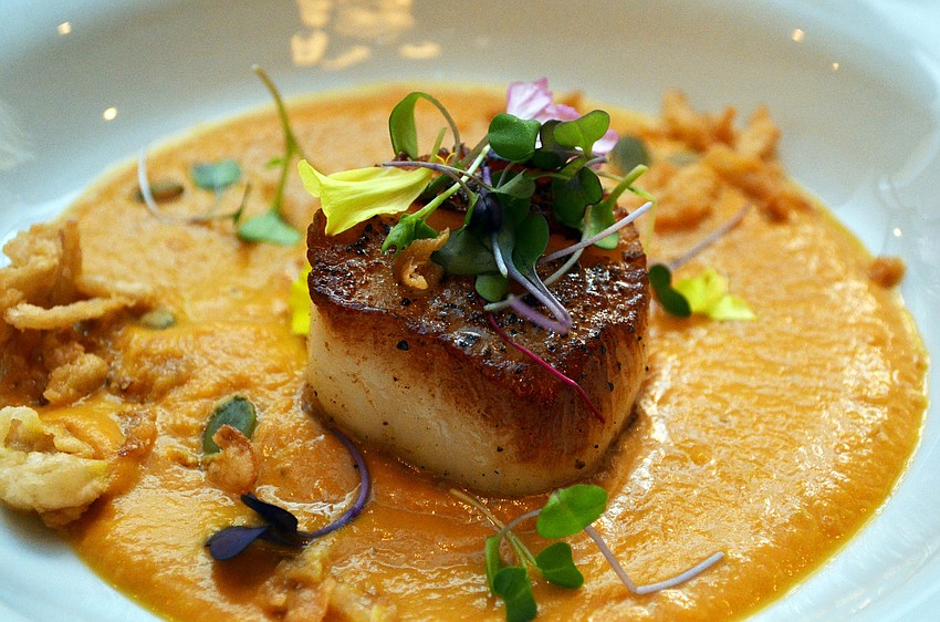 Curried pumpkin soup, cumin crusted sea scallop, toasted pumpkin seeds and crispy shallots were served as the second course. Pairings: Halter Ranch, Rose Paso Robles, California and Big Top Brewing Company, Circus City IPA, Sarasota, Florida