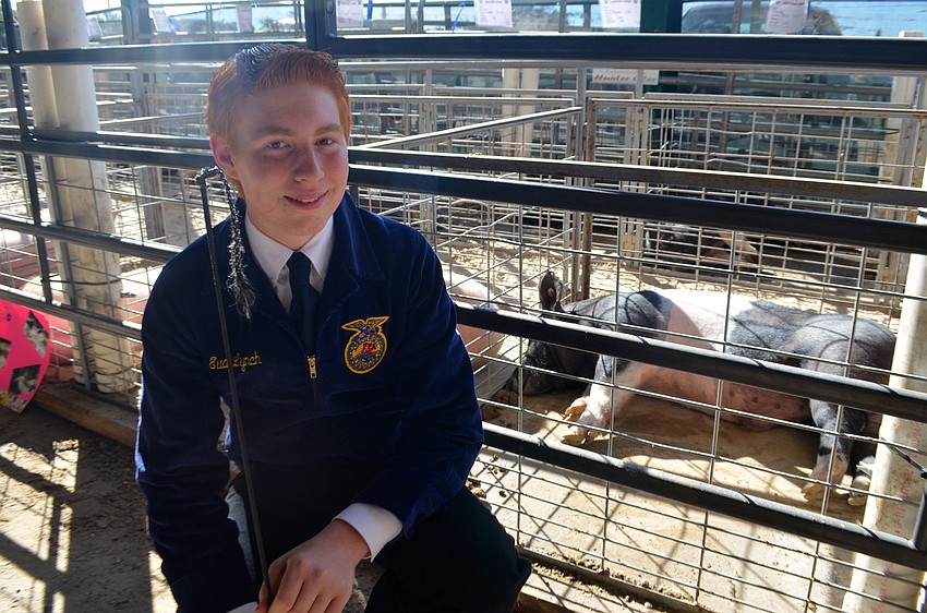 Braden River High student Evan Lynch poses with his pig before the sale.