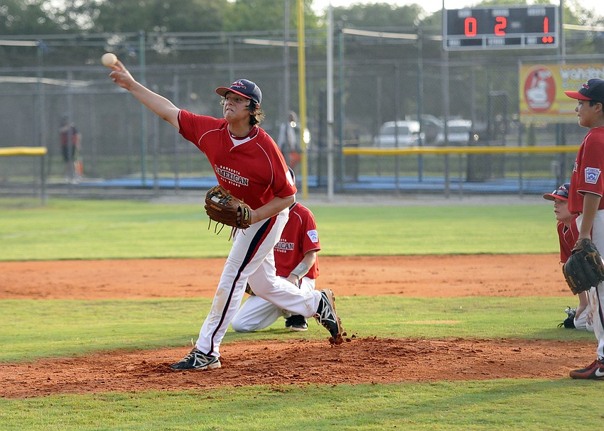 Sarasota American relief pitcher Jack Carney warms up after coming on in the second inning.