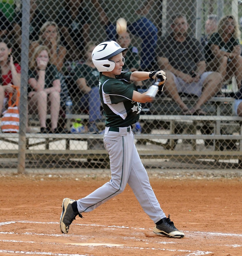 Lakewood Ranch 10/11 All-Star John Dalton makes contact during one of his at bats versus Braden River.