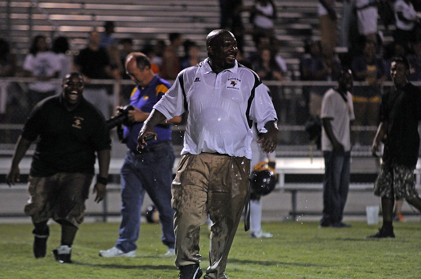Bookerâ€™s Recharde Goodwyn received an ice bath to celebrate his first win as a head coach.