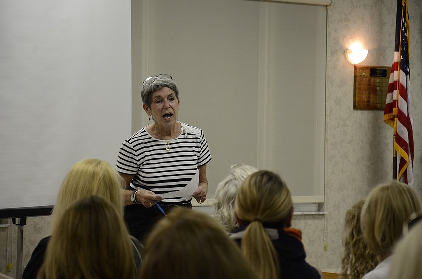 President Madelyn Spoll told the members about the upcoming field trip Nov. 14 to the State College of Florida in Bradenton to see an exhibit on the history of wedding attire since the 19th century.