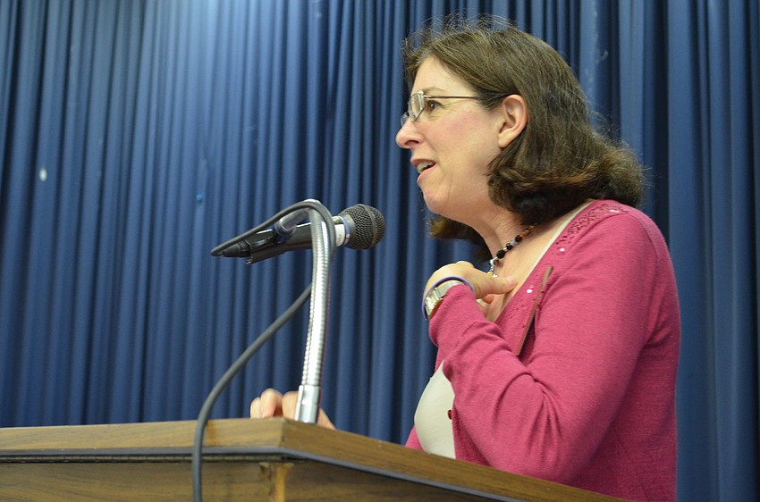 Sisterhood of Temple Beth Sholom President, Randi Brodsky addresses guests.