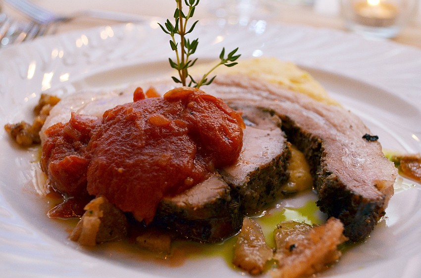 Porchetta with creamy marscapone polenta and tomato ragout was served as the third course. Pairings: Hahn, Pinot Noir, Monterey, California and Darwin Brewing Company, Pirata Pilsner, Bradenton, Florida