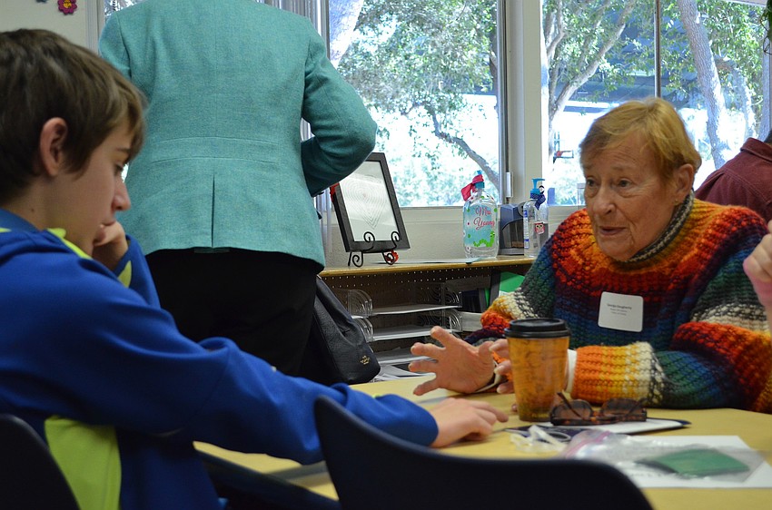 Brogan Doughterty interviews his grandmother Georgia Dougherty for an exercise in Patty Youngâ€™s first grade class.