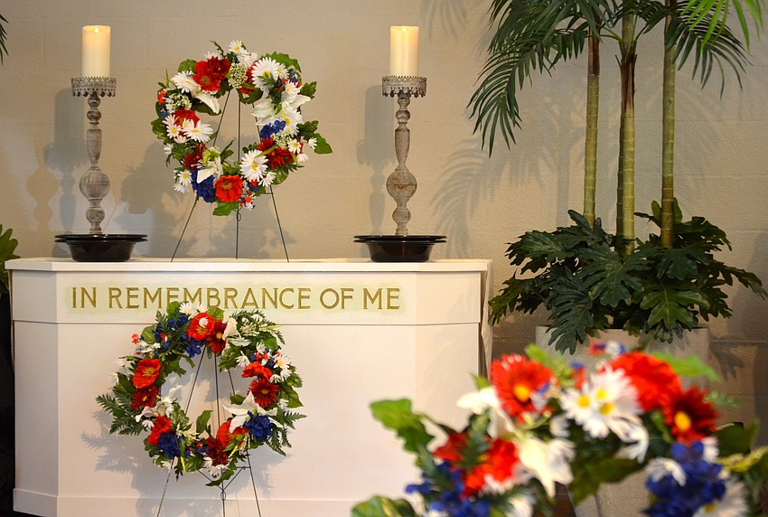Memorial wreathes decorate the altar at the Longboat Island Chapel.