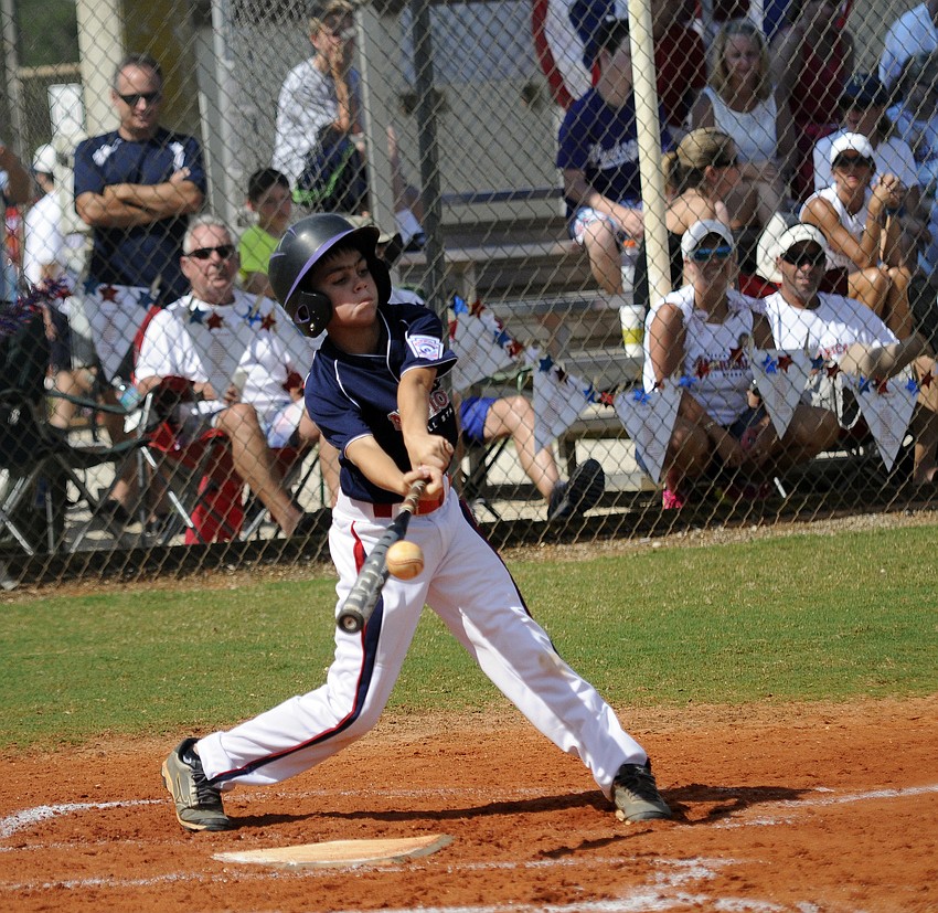 Sarasota National 9/10 All-Star Brandon Viera makes contact during his teamâ€™s game versus Sarasota American.