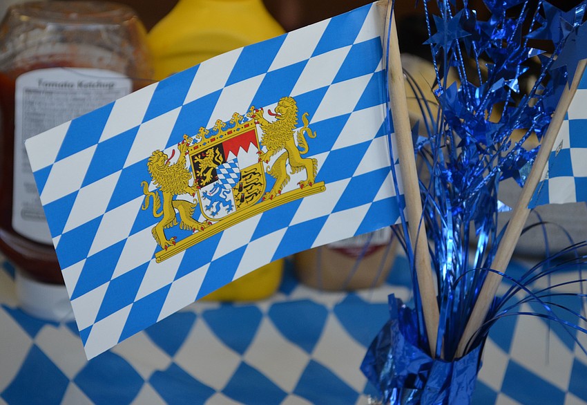 The Bavarian Flag was used to decorate the tables and room for the Oktoberfest celebration.