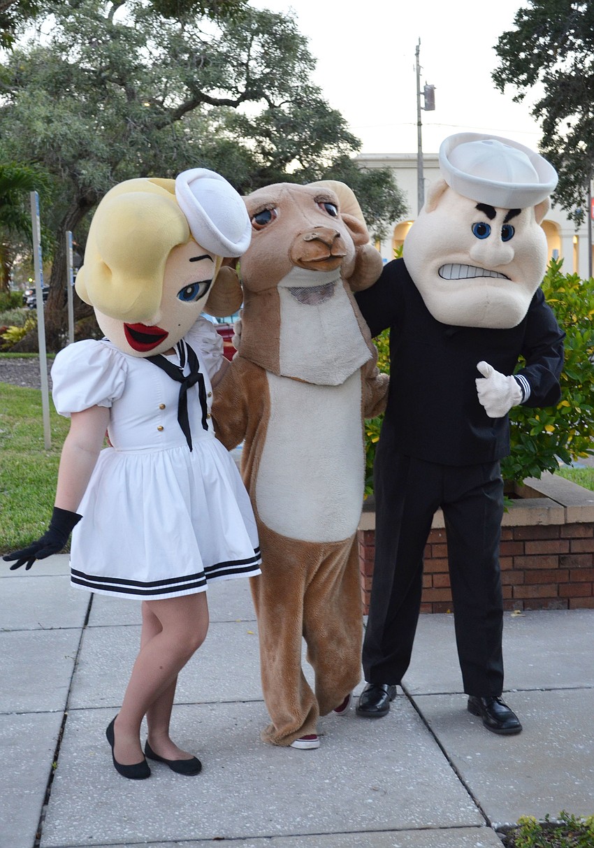 The Sarasota Sailor mascots meet the Riverview Ram at the Alumni Tailgate on Friday night.