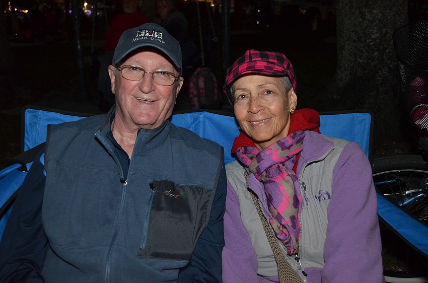 Rick Gage and Val Barran attend the Holiday Boat Parade of Lights at Bayfront Park.