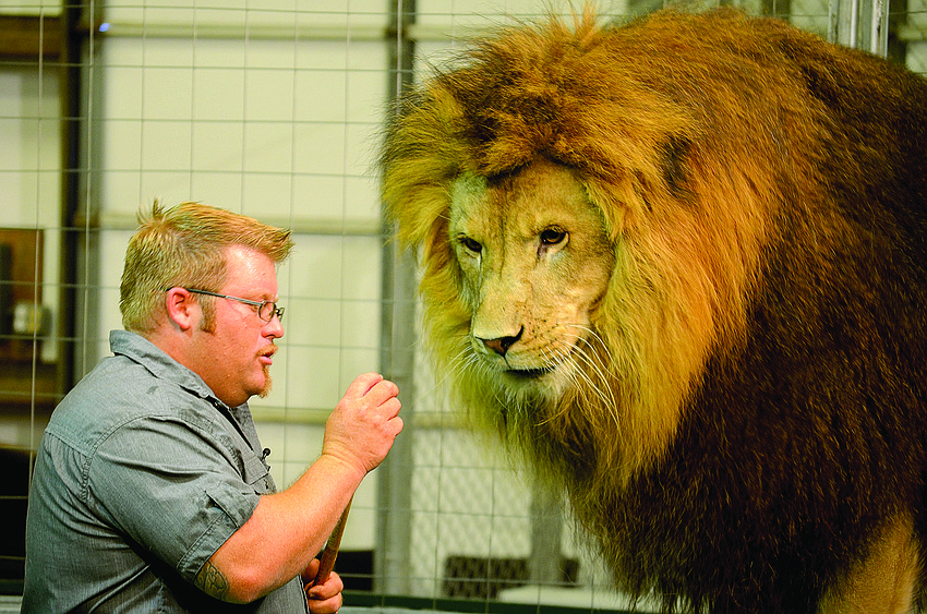 Clayton Rosaire talks to one of his best friends â€” a more than 400-pound lion named Handsome as the pair filmed a public service announcement for Jam Out Hunger in partnership with The Big Cat Habitat and Gulf Coast Sanctuary.
