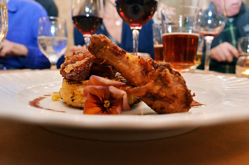 Duck fat fried chicken with caramelized green beans and cheesy corn cakes were served as the fourth course. Pairings: Morgan, Cote Du Crow, Monterey, California and Big Top Brewing Company, Intercoastal Amber, Sarasota, Florida