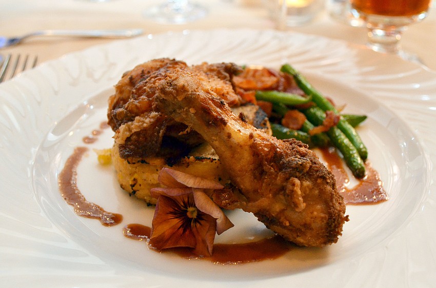 Duck fat fried chicken with caramelized green beans and cheesy corn cakes were served as the fourth course. Pairings: Morgan, Cote Du Crow, Monterey, California and Big Top Brewing Company, Intercoastal Amber, Sarasota, Florida