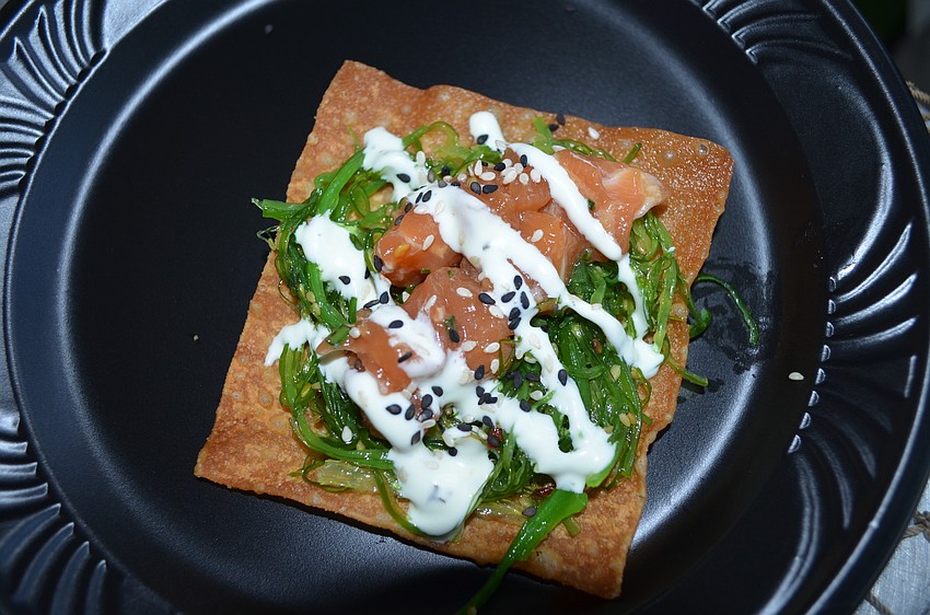 Salmon PokÃ© nachos, served by Old Salty Dog