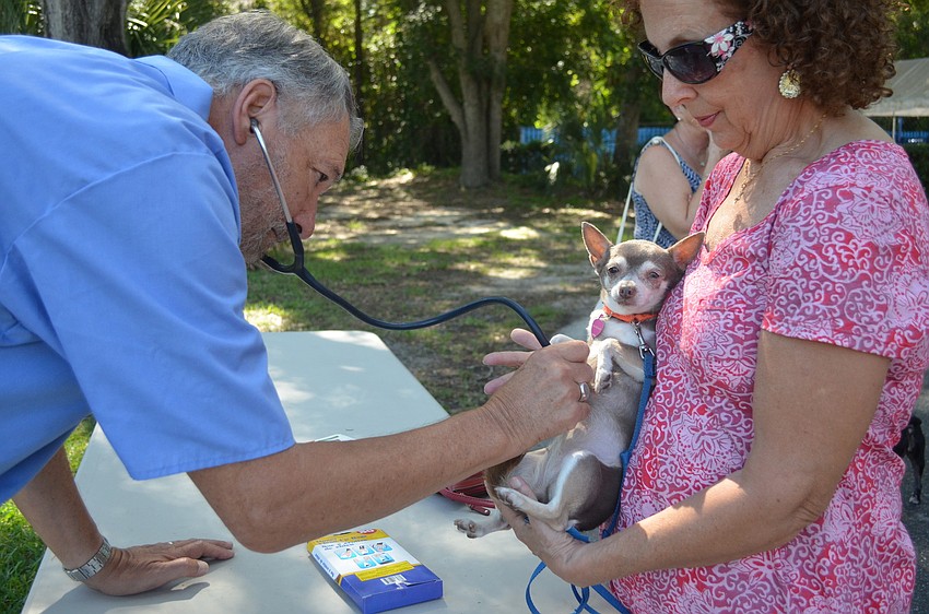 Rita Meyer holds Toto for her checkup with Dr. Alterman.