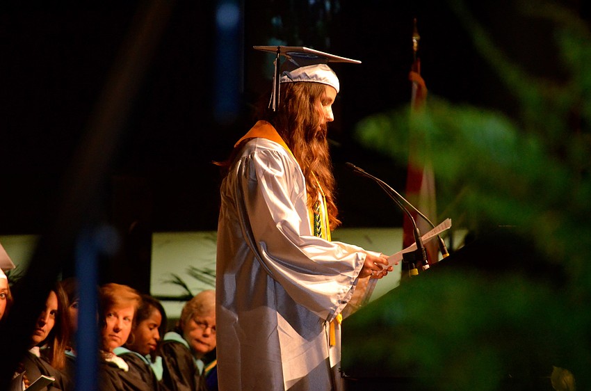 Senior class President Kelly Miller speaks to her fellow graduates.