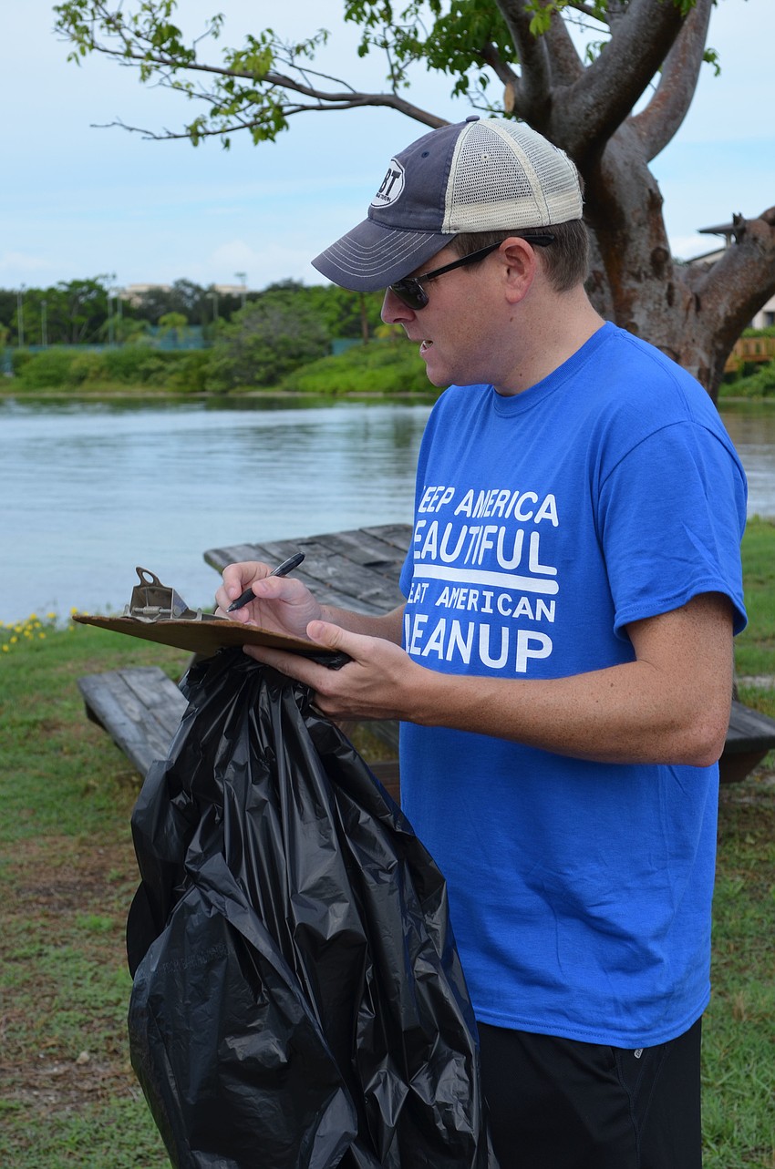 Corey Schaul records findings for his team at Overlook Park.