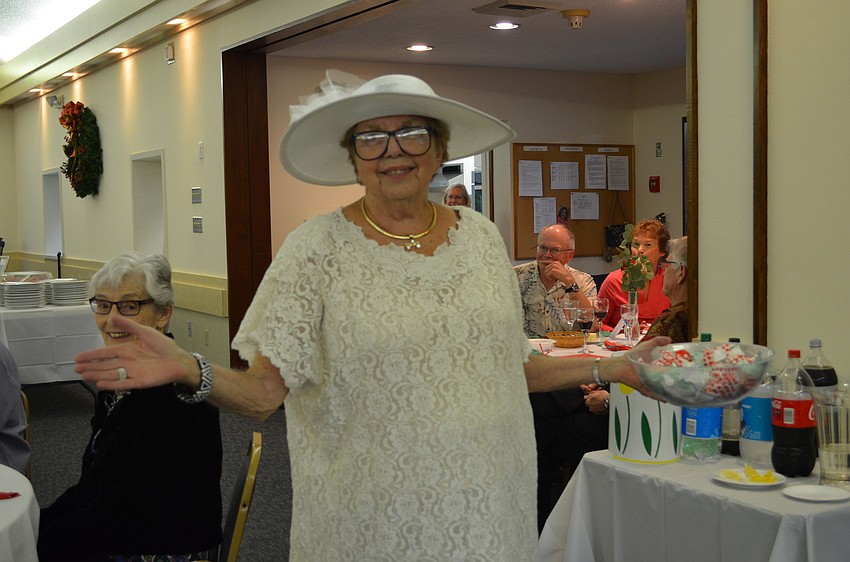 â€œSuzy Snowflakeâ€ played by Jan Webb shows off festive costume.
