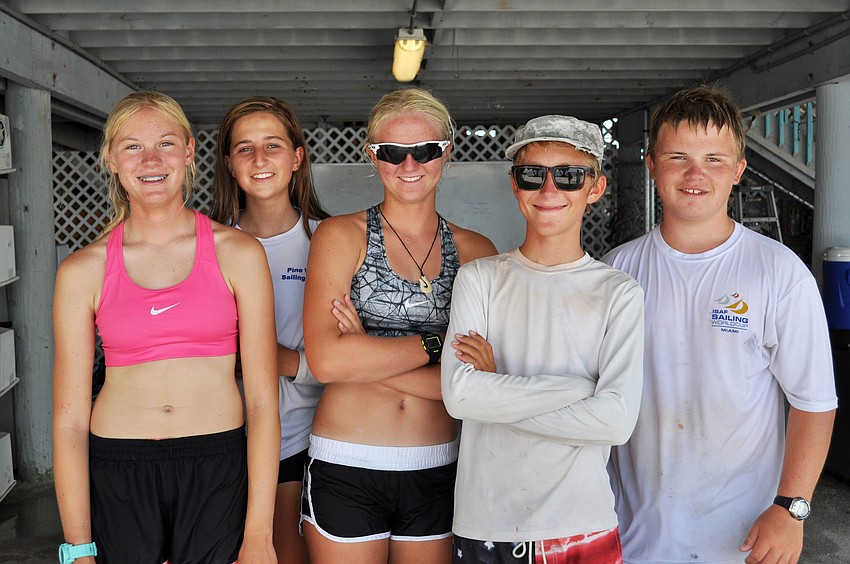 SYSP summer sailing camp volunteers Hallie Schiffman, Bella Lemole, Lillie Myers, Dylan Heins and Jonathon King