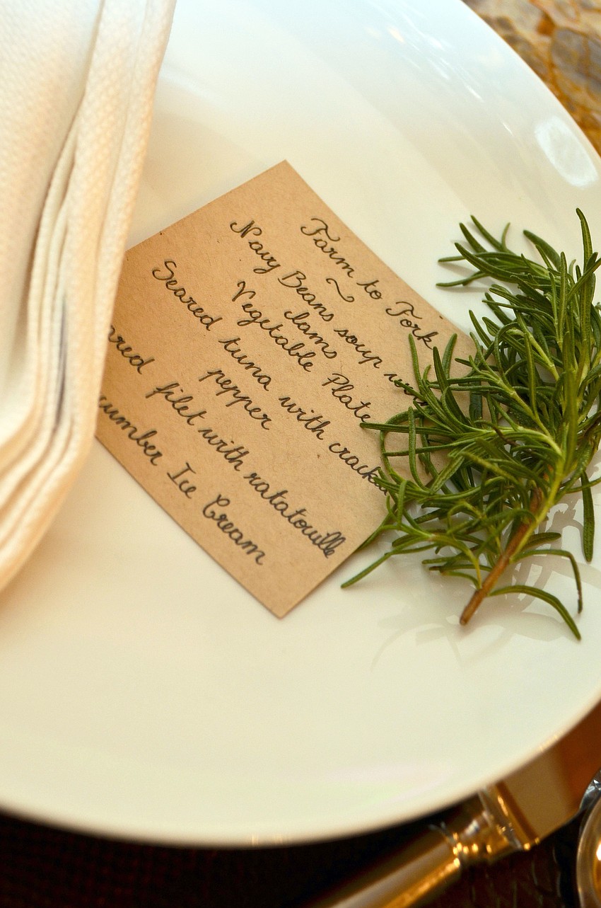 The dinner menu was placed on the plates for guests at the Masion Blanche Farm to Form dinner.