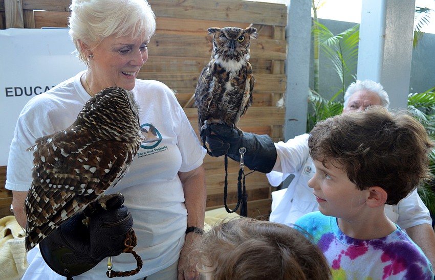 Norma Solomon and Brent Karasick, 6, discuss owls at Save Our Seabirds booth.