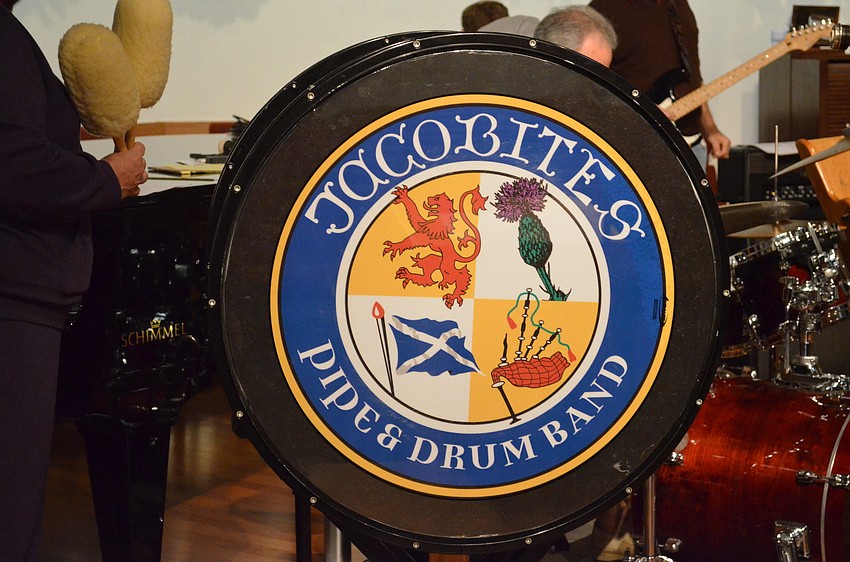 The Jacobites Pipe & Drum Bandâ€™s marching bass drum emblazoned with their crest