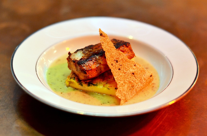 Chef Steve Phelps of Indigenous, Sarasota prepared the second course: Open Blue Sea Farms Cobia with Thai Green Curry, Fritatta, Quinoa Sesame Cracker