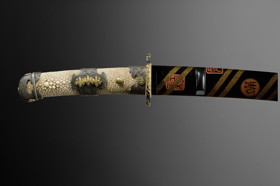 The most iconic symbol of the samurai, this sword was used for ceremonial purposes and is made of steel, iron, gold, silver, horn, wood, lacquer and genuine stingray skin.