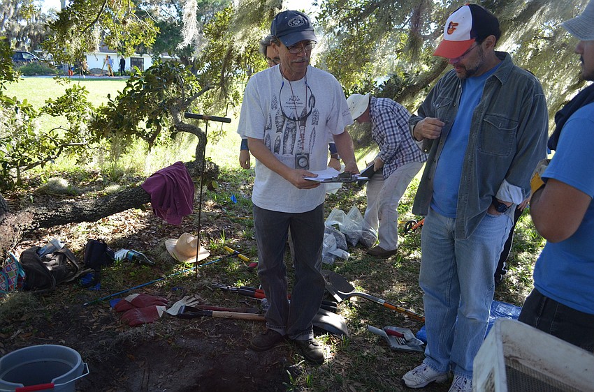 Sarasota County Archaeologist Steve Koski and Dr. Uzi Baram of New College discuss the one of the sections of the Prodie Midden Site being excavated at Phillippi Estate Park.