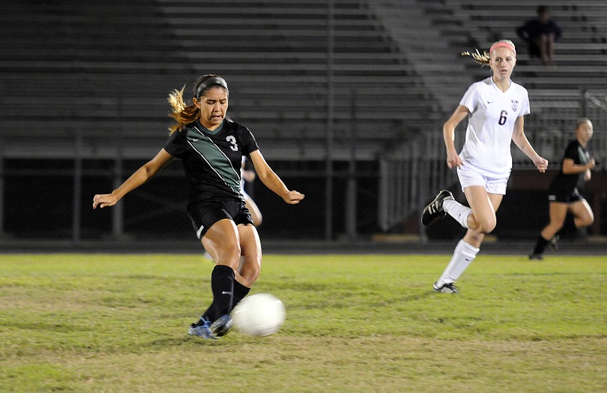 Lakewood Ranch midfielder Maria Gonzalez sends the ball up the field.