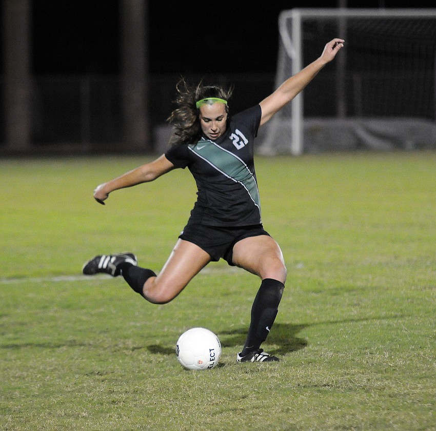 Lakewood Ranch senior defender Julia Ortiz sends the ball back up the field in the first half.
