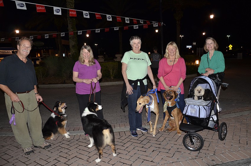 Lakewood Ranch neighbors and dog rescuers Chris and Diane Marshall with Australian shepherds Onee and Sage; Ginny O'Gravy with greyhound Beau; Corrine Wagner with mixed pup Bodey; and Diane Cohen with mini poodles Bella and Beau.