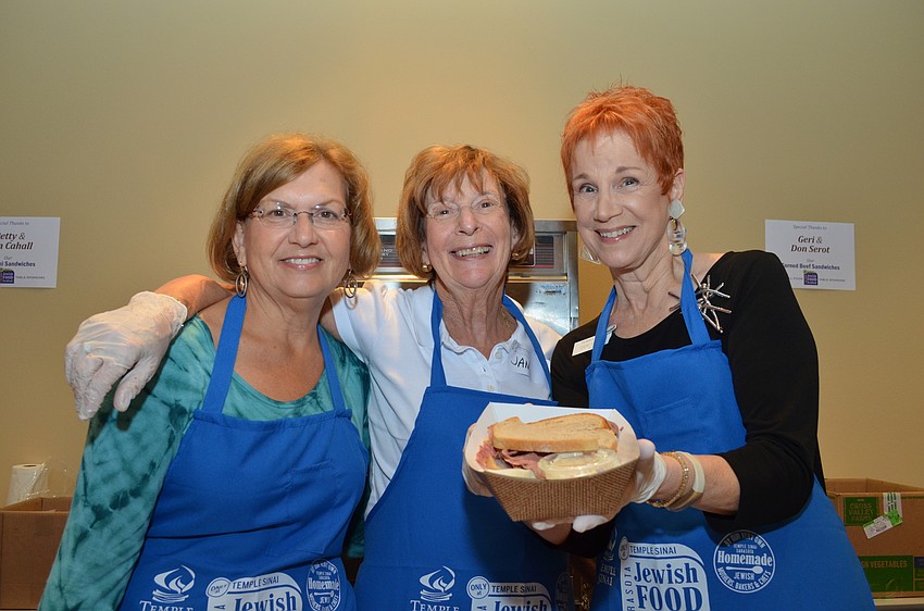 Sandy Kravitz, Jan Joseph and Geri Serot helped serve the corned beef sandwiches.