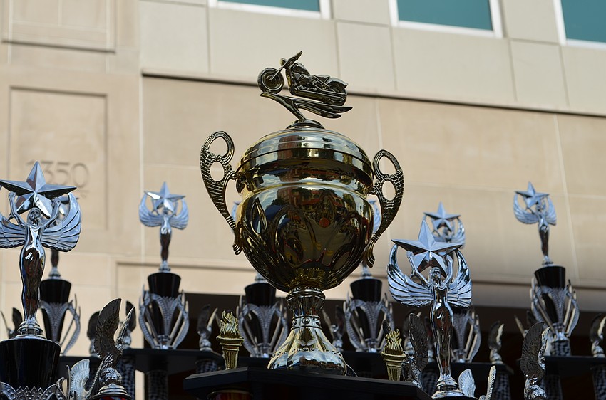 Trophies for the bike show at the 18th annual Thunder By The Bay.