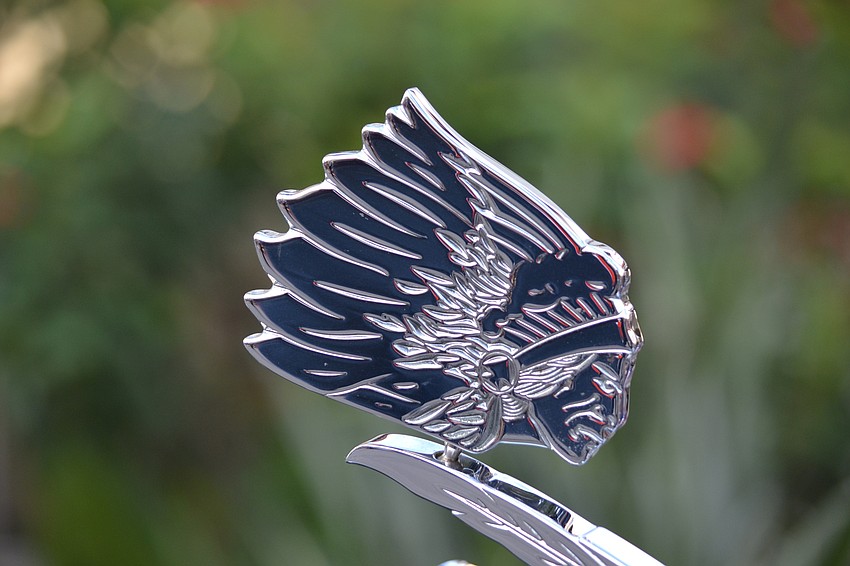The rearview mirror on Steve Whitmer's 2002 Indian Chief motorcycle entry for the bike show.