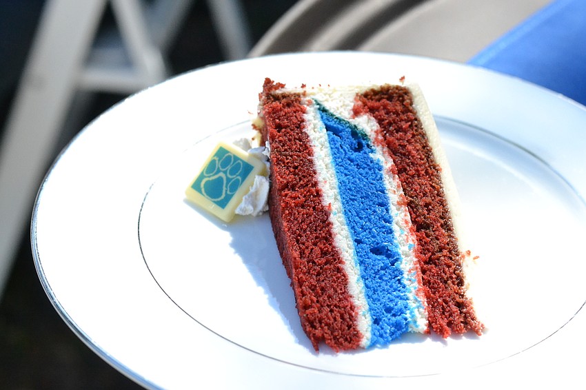 A red, white and blue velvet cake was the dessert for the luncheon.