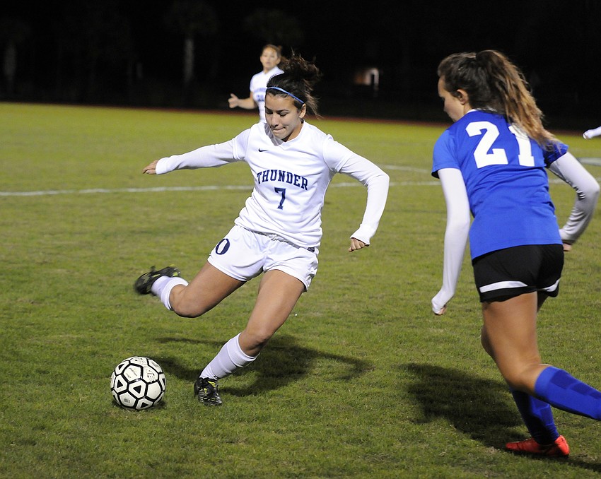 ODA defender Miller Condrack sends the ball back up the field past Sarasota Christian's Marina Alberici.