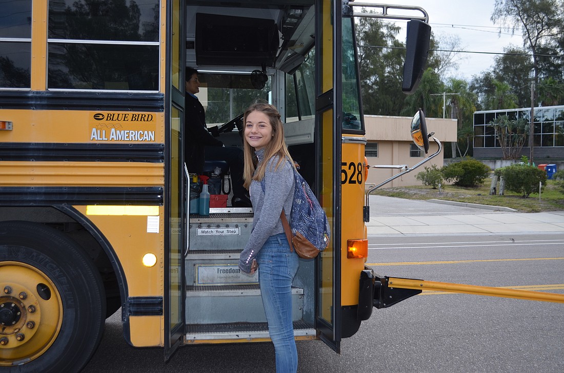 North end Longboat Key resident Gianna Sparks, 13, gets on the bus every school day at the intersection of Broadway and Gulf of Mexico Drvie for a 30-minute ride to King Middle School in northwest Bradenton.