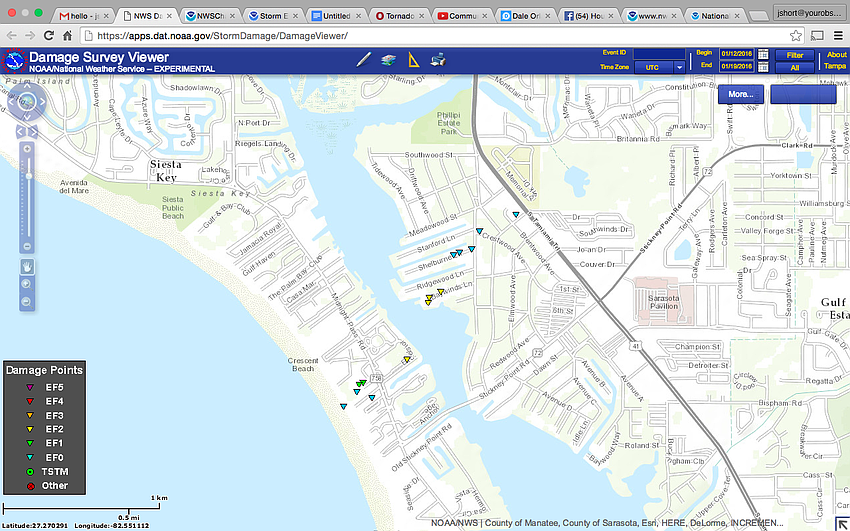 The 1.14-mile path of the storm, as shown by damage points, provided by the National Weather Service.