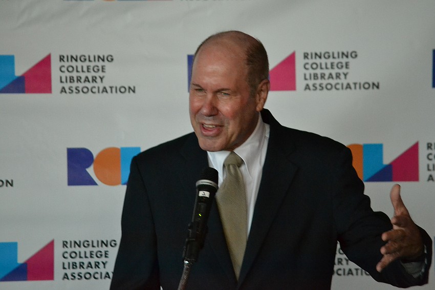 Michael Eisner addresses guests at the luncheon following the lecture Tuesday, Jan. 19 at the Van Wezel Performing Arts Hall.