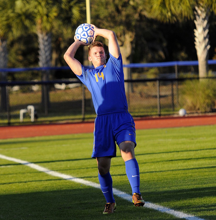 Jordan Schmucher throws the ball back into play during the first half.
