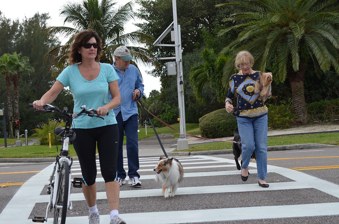 Country Club Shores residents Jackie Meckstroth, Gerard Mos with his dogs, Merle and Coco, and Commissioner Lynn Larson, holding Muffin, cross Gulf of Mexico Drive, then return five minutes later Jan. 15, in a crosswalk crossing test.