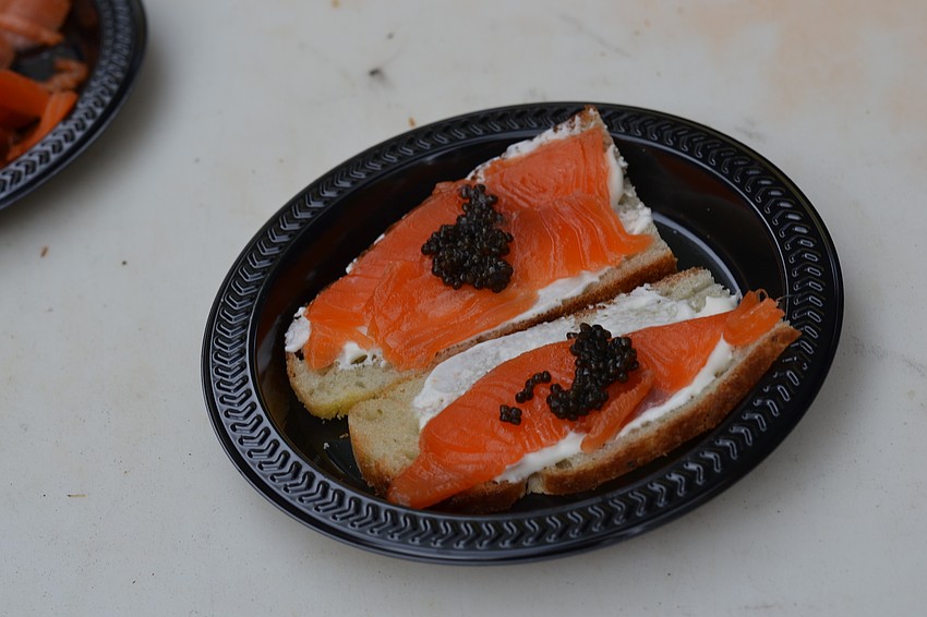 Salmon served on focaccia bread with creme fraiche and black opal caviar.
