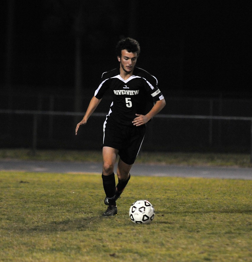 Riverview senior defender Etienne Behan sends the ball back up the field in the first half.