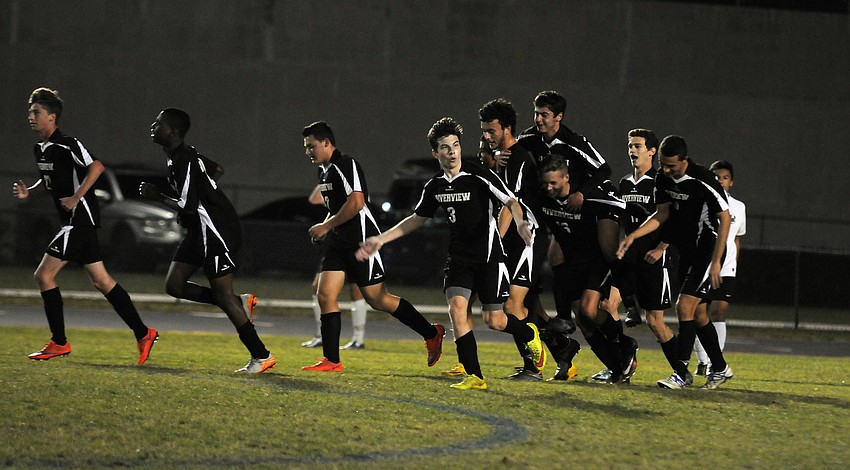 The Riverview High boys soccer team celebrates following senior Etienne Behan's goal in the first half.