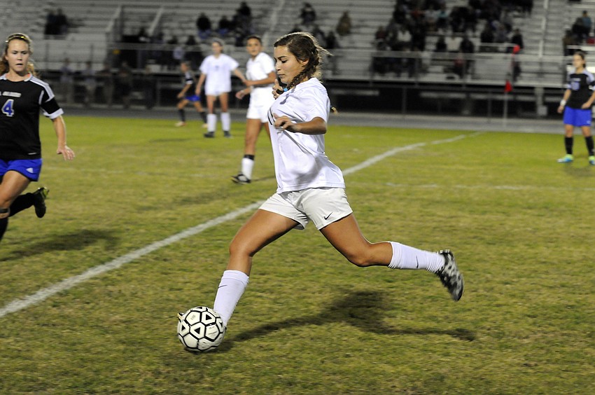 Braden River freshman Francessca Aluise brings the ball up the field in the second half.