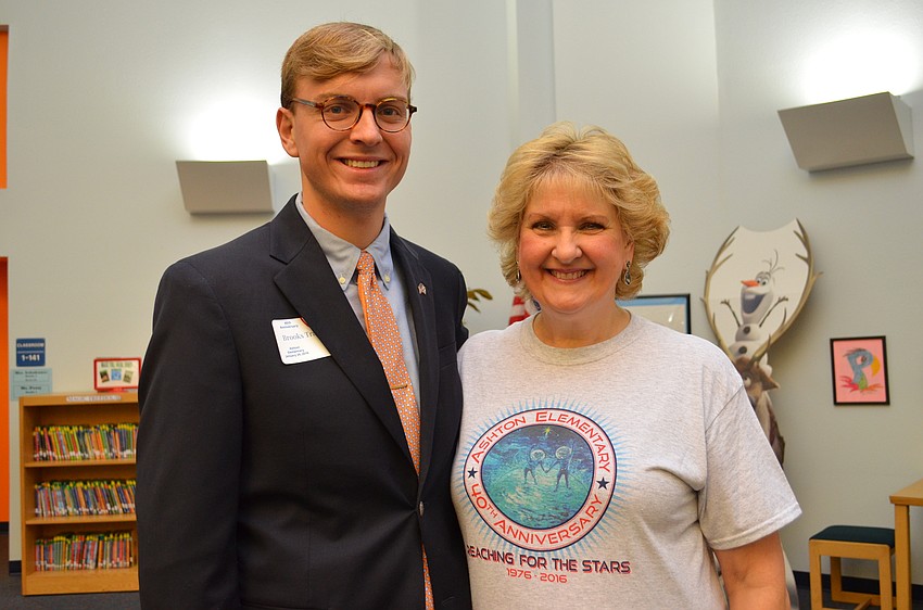 Ashton Elementary alumnus Brooks Tracey with his mother and school music teacher Joan Tracey.