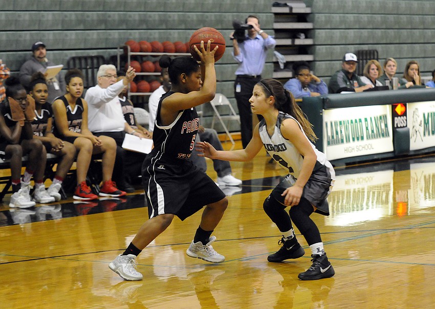Lakewood Ranch sophomore guard Sarah Fazio defends Palmetto's Anissa Washington.