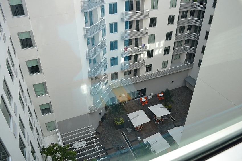 Looking down into the Aloft Sarasota courtyard.