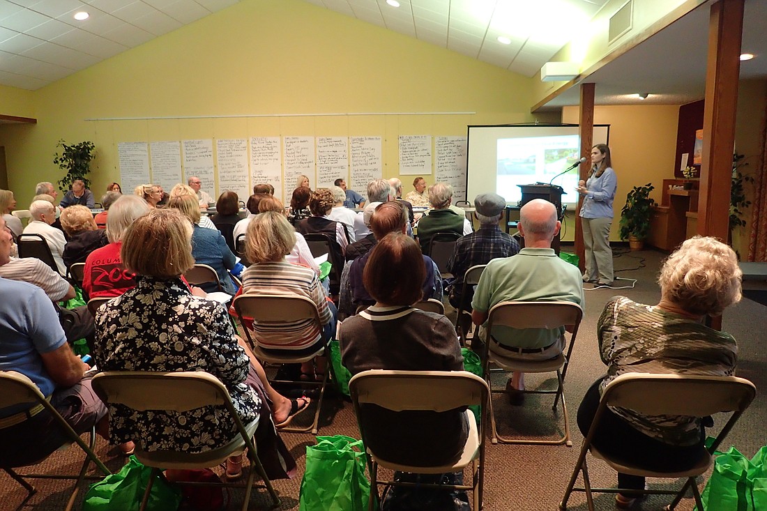 Hayes addresses attendees at the Feb. 4 Siesta Key Association meeting. The green bags are energy-saving kits distributed by Hayes and her colleagues.